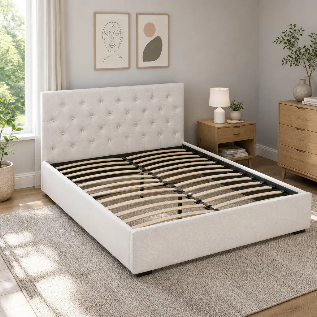 Queen Size Gas Lift Storage Bed Frame Beige Upholstered Bedroom Furniture