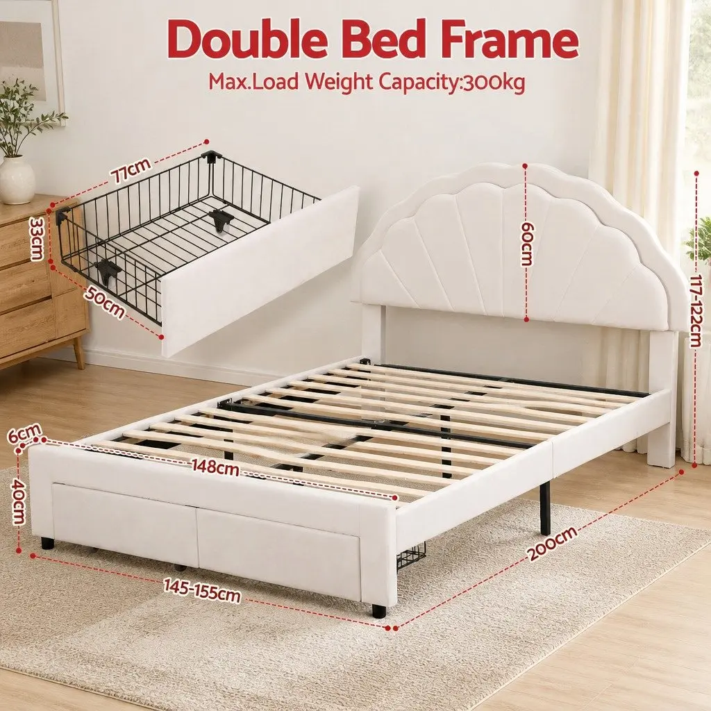 Double Bed Frame with Storage Drawers Upholstered LED Headboard