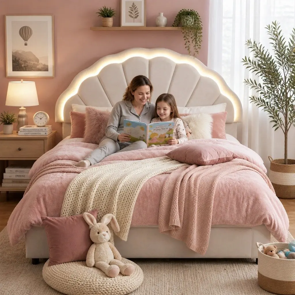 Double Bed Frame with Storage Drawers Upholstered LED Headboard