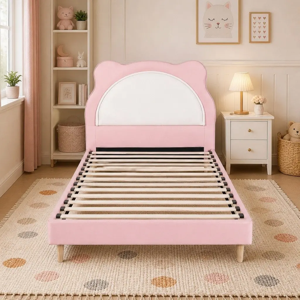 King Single Bed Frame Pink Upholstered Cute Kitty Ear Headboard for Kids