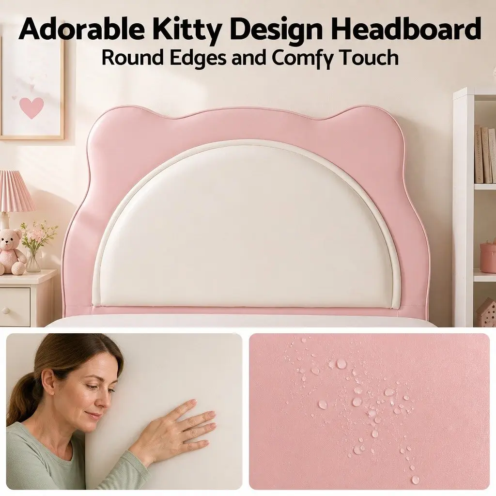 King Single Bed Frame Pink Upholstered Cute Kitty Ear Headboard for Kids