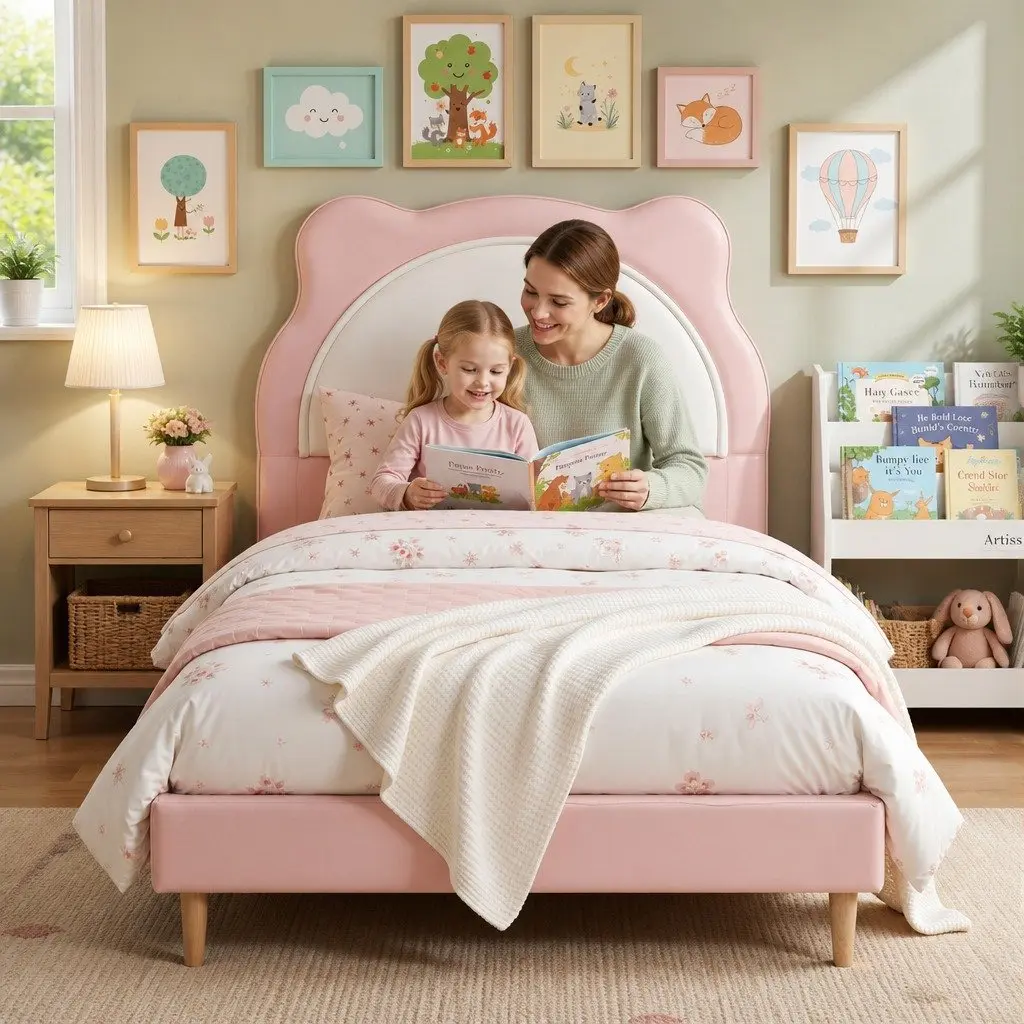 King Single Bed Frame Pink Upholstered Cute Kitty Ear Headboard for Kids