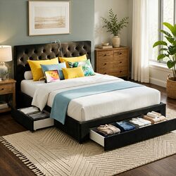 King Bed Frame with Storage Drawers Charging Station USB Type-C Upholstered