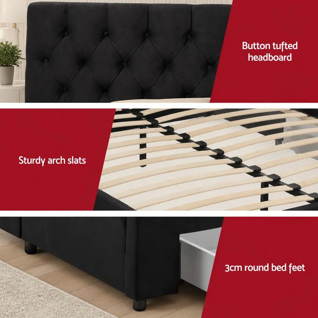 King Bed Frame with Storage Drawers Upholstered Charging Station USB Type-C