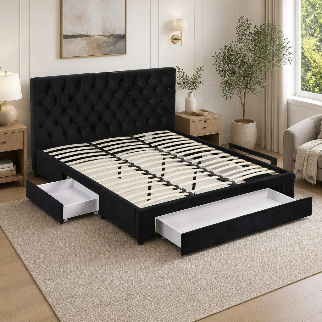 King Bed Frame with Storage Drawers Upholstered Charging Station USB Type-C