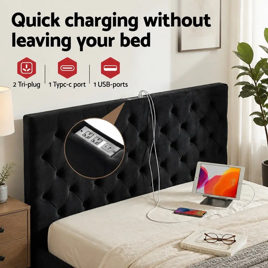 Queen Upholstered Bed Frame with Storage Drawers and Charging Station USB Type-C
