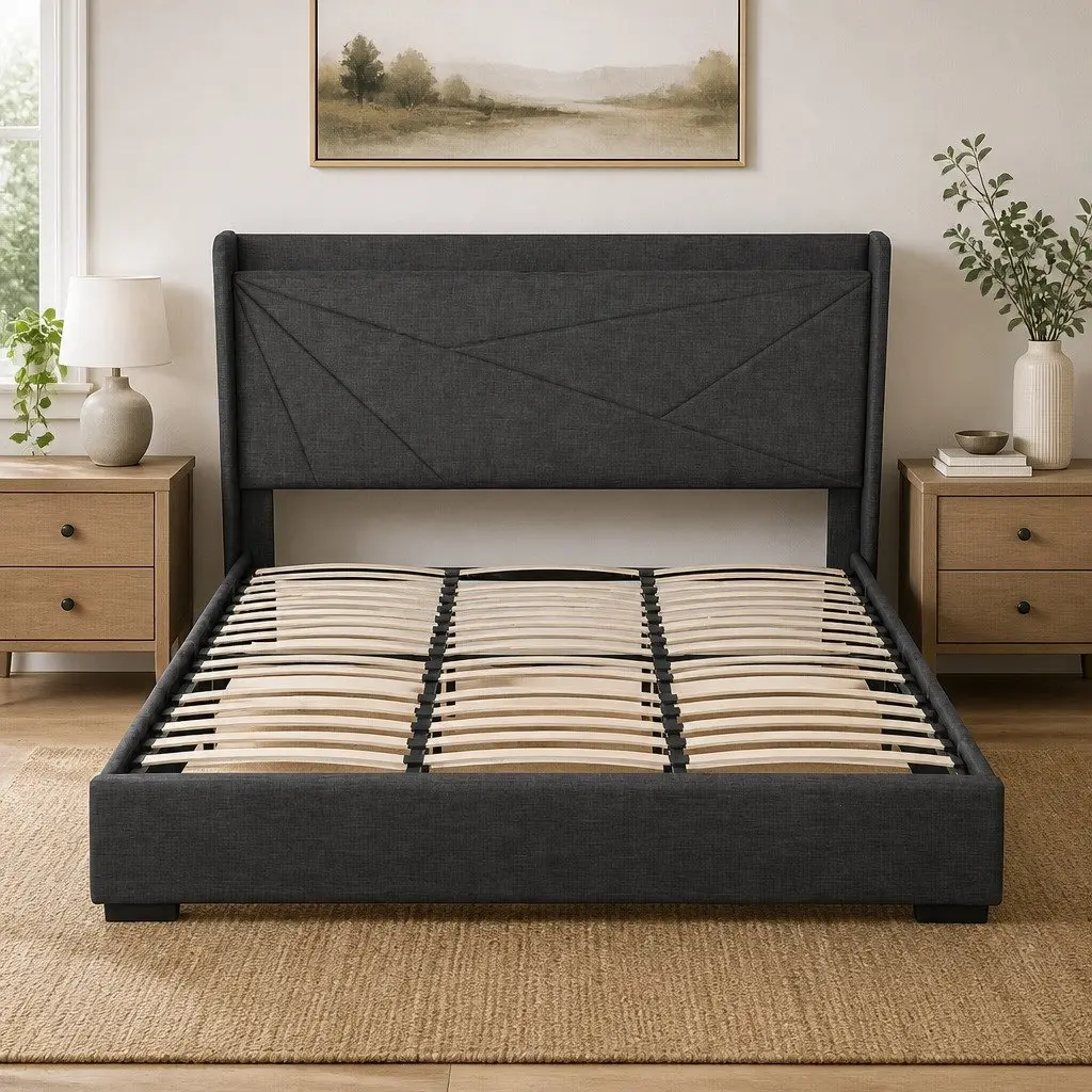 King Bed Frame Gas Lift Storage Upholstered Headboard with Charging Ports