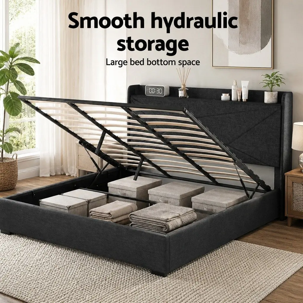 King Bed Frame Gas Lift Storage Upholstered Headboard with Charging Ports
