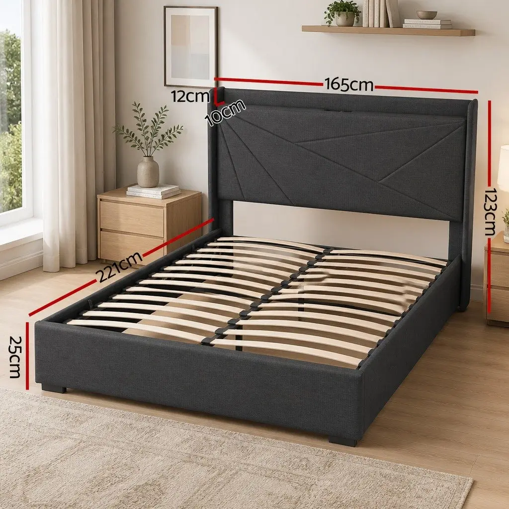 Queen Bed Frame with Gas Lift Storage and Charging Ports Upholstered Geometric