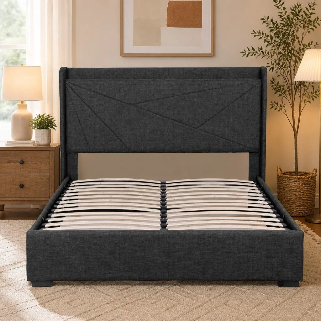 Queen Bed Frame with Gas Lift Storage and Charging Ports Upholstered Geometric