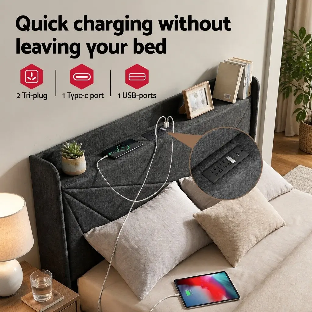 Queen Bed Frame with Gas Lift Storage and Charging Ports Upholstered Geometric