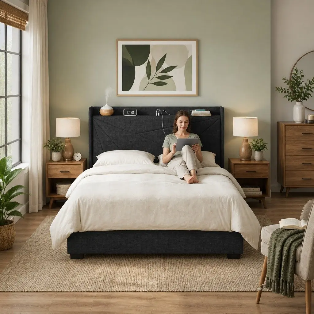 Queen Bed Frame with Gas Lift Storage and Charging Ports Upholstered Geometric