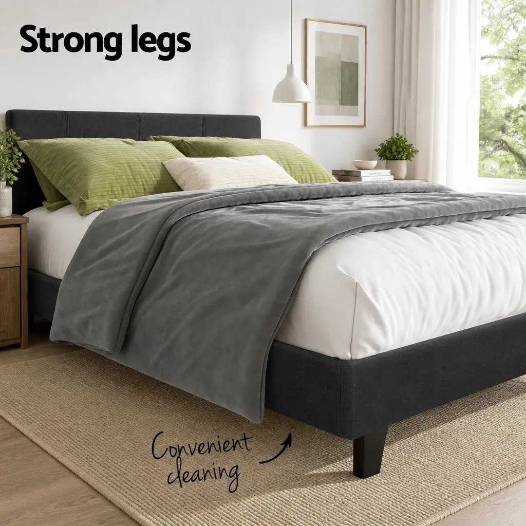 Double Bed Frame Charcoal Upholstered Padded Wooden Slat Base Modern Design