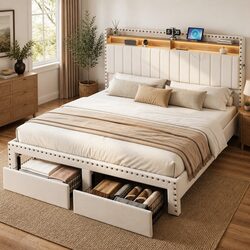 King Upholstered Bed Frame with Charging Station Mood Lighting Storage Drawers