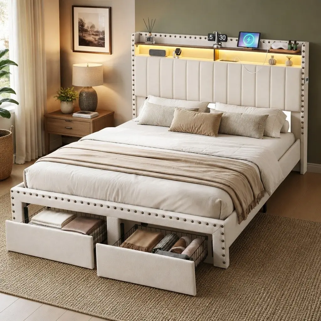 Queen Upholstered Bed Frame with Storage Drawers Charging Station Mood Lighting