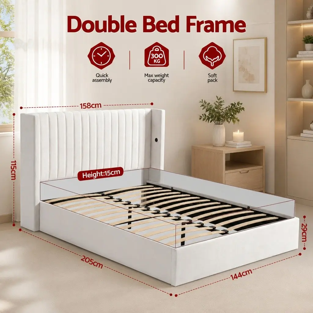 Double Bed Frame with Gaslift Storage Velvet White with USB Type-C Charging Ports