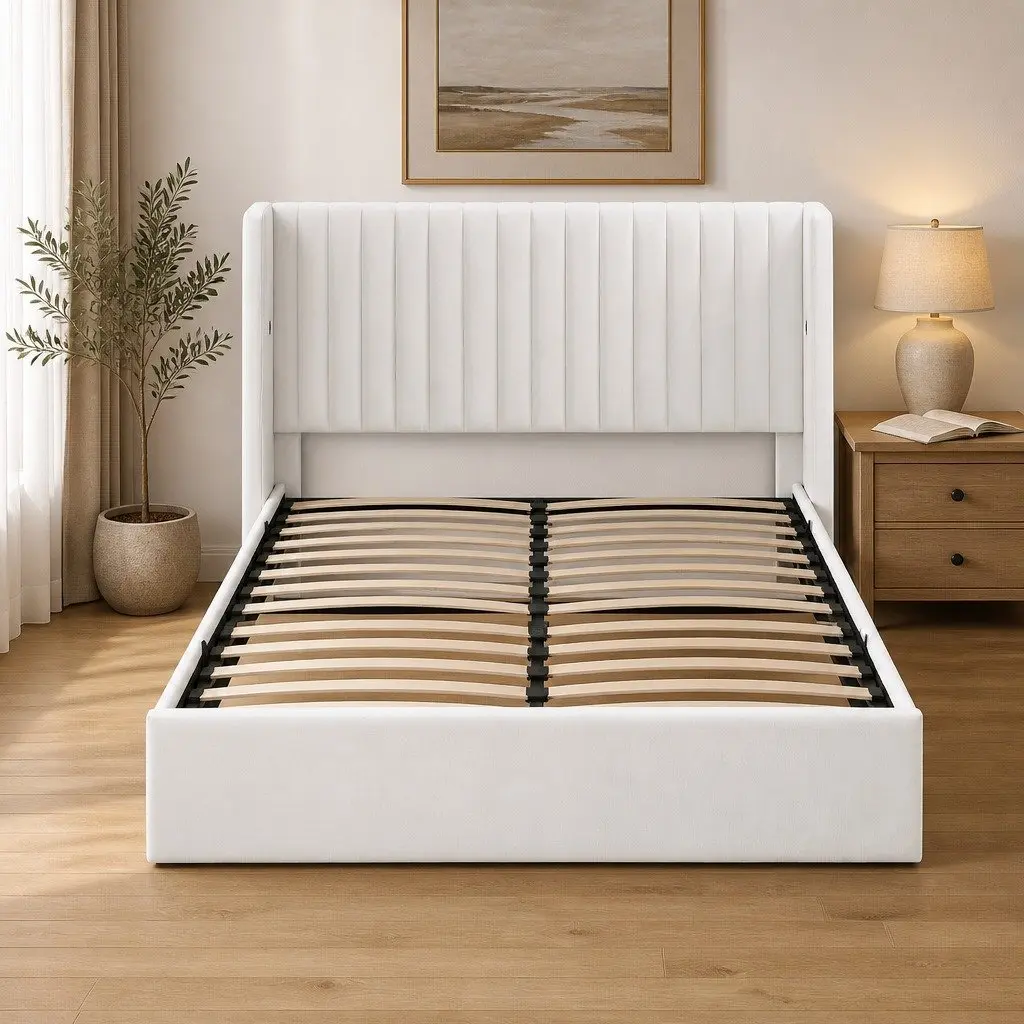 Double Bed Frame with Gaslift Storage Velvet White with USB Type-C Charging Ports