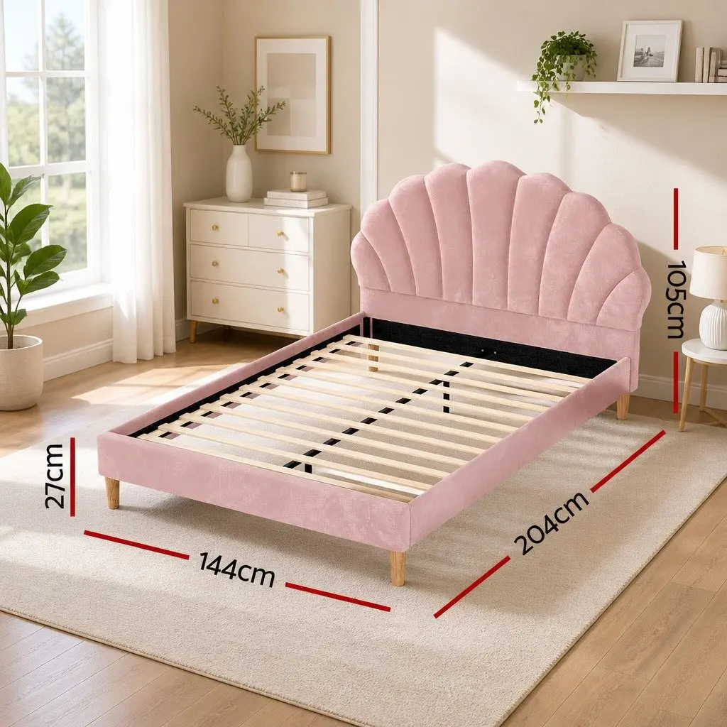 Double Bed Frame 204cm Scallop Pink Velvet Upholstered Wooden Base