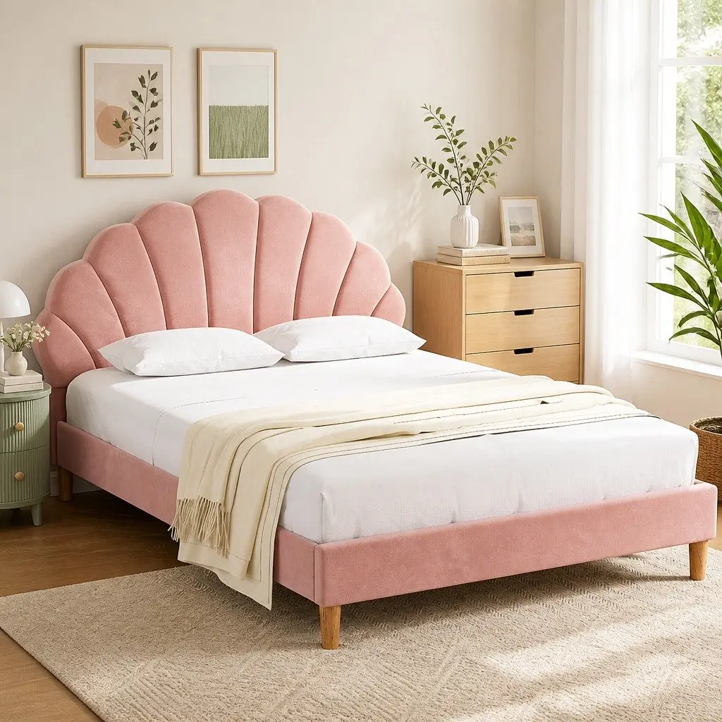 Double Bed Frame 204cm Scallop Pink Velvet Upholstered Wooden Base