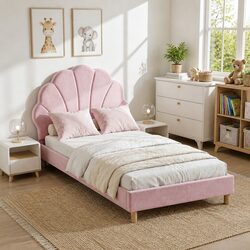 Single Bed Frame Scallop Upholstered Headboard Pink Platform Base 180kg Capacity