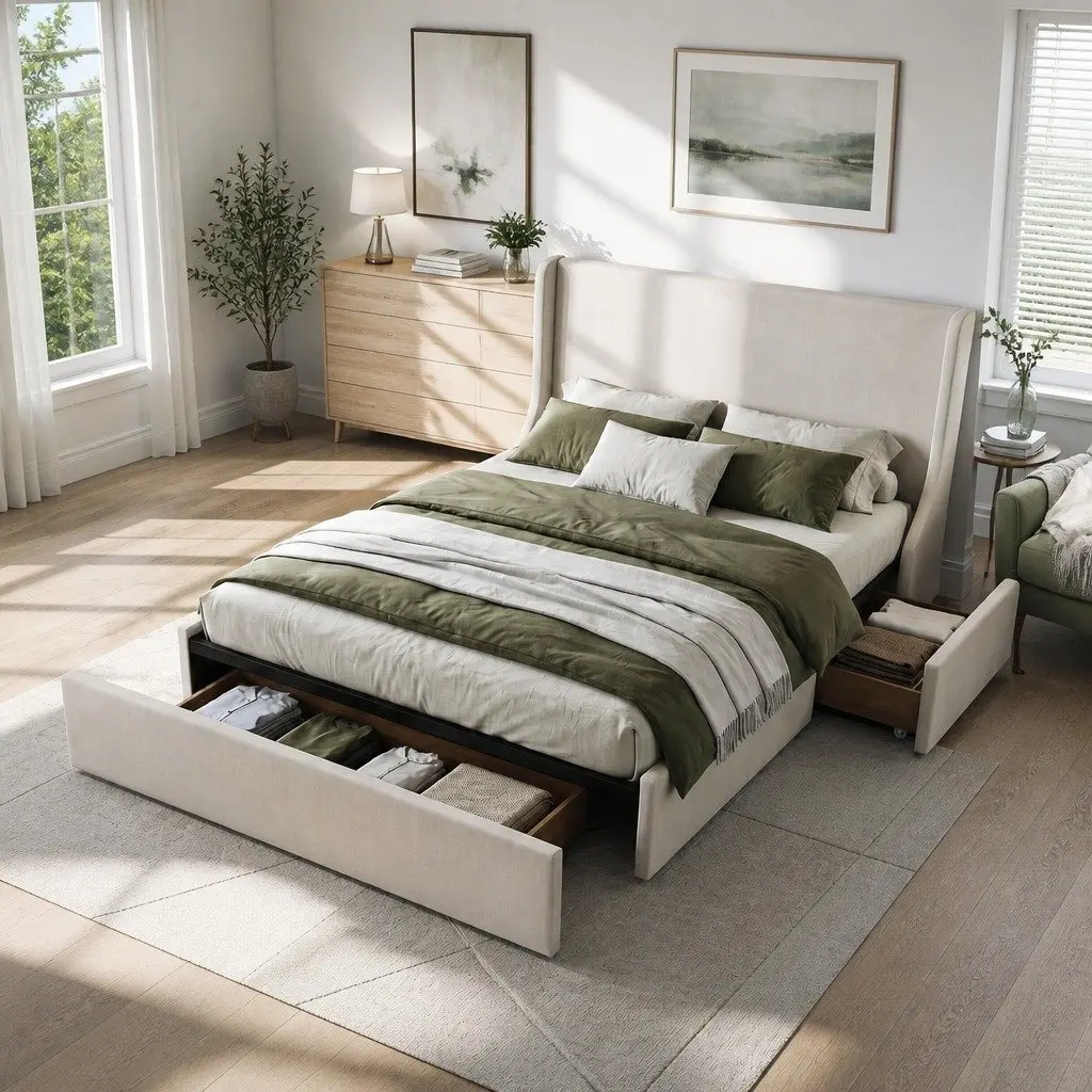Double Upholstered Bed Frame with 3 Storage Drawers Wingback Headboard Metal Construction