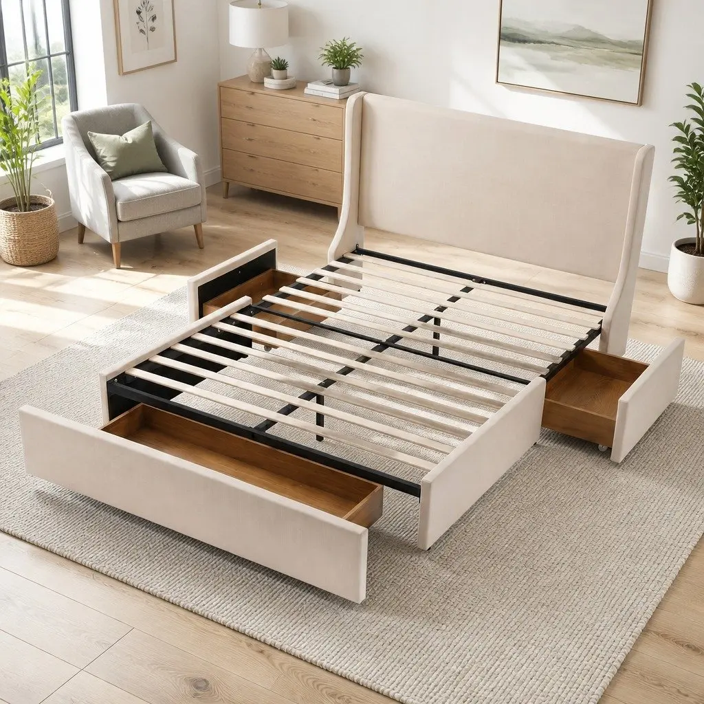 Double Upholstered Bed Frame with 3 Storage Drawers Wingback Headboard Metal Construction
