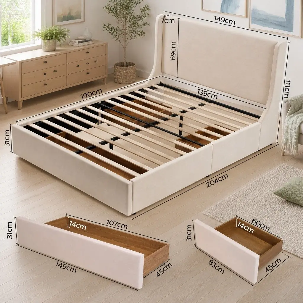 Double Upholstered Bed Frame with 3 Storage Drawers Wingback Headboard Metal Construction