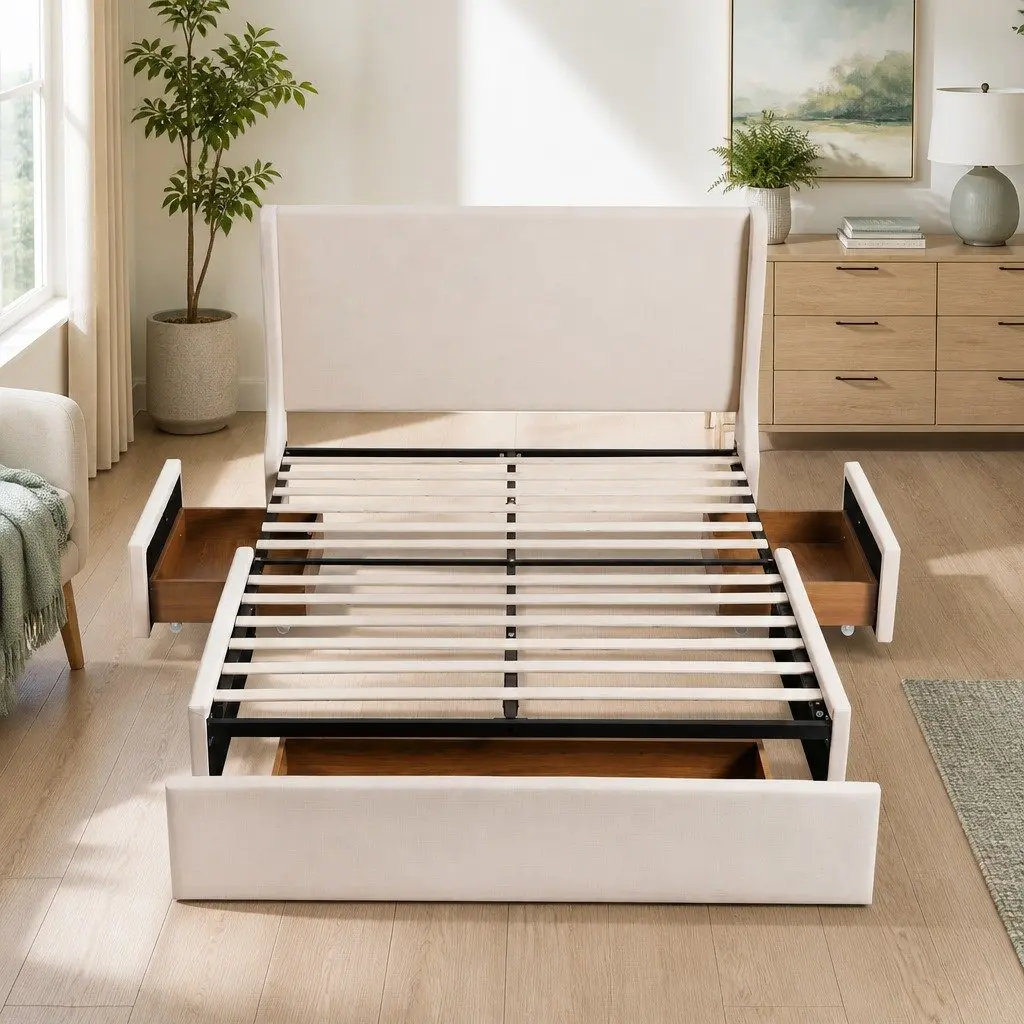 Double Upholstered Bed Frame with 3 Storage Drawers Wingback Headboard Metal Construction