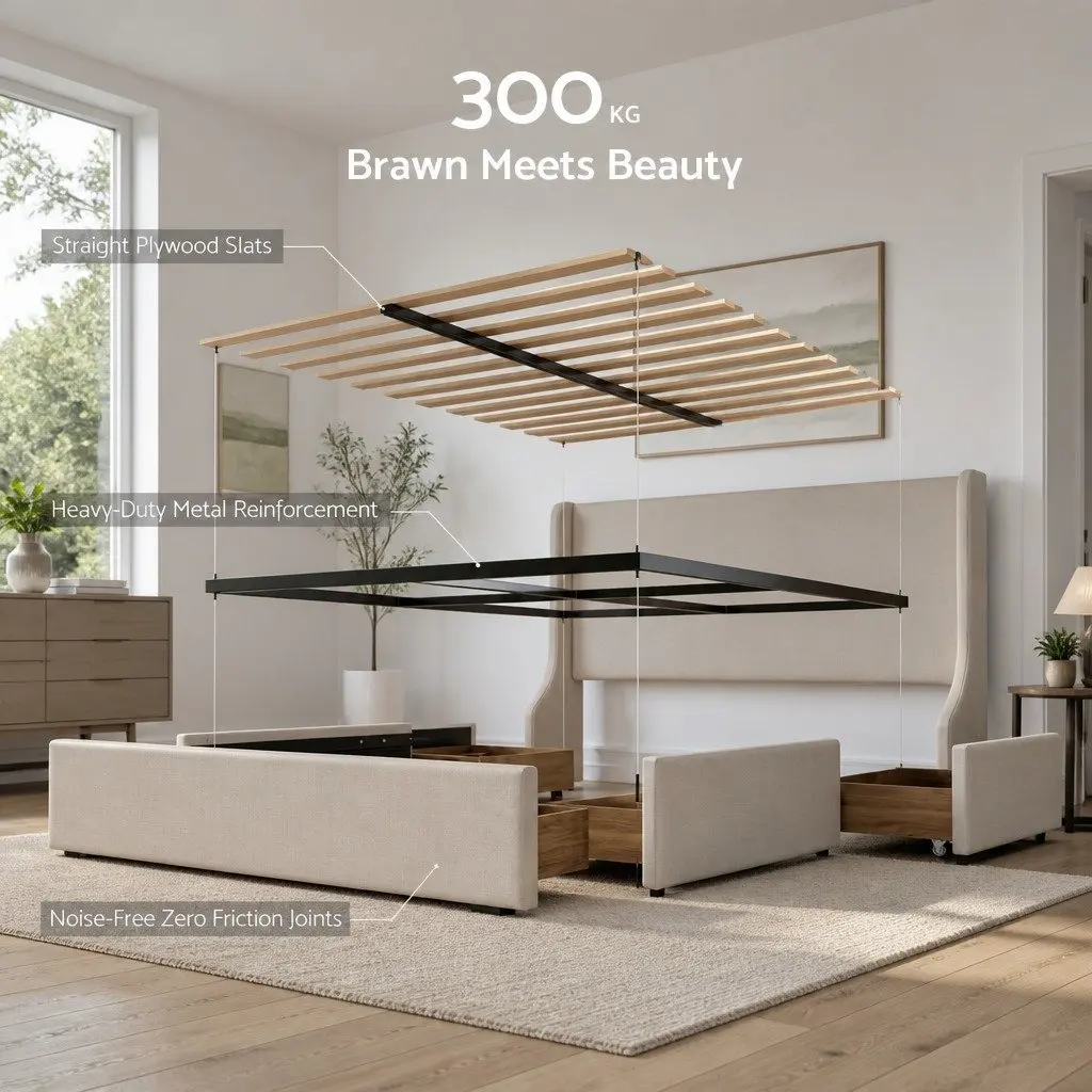 Double Upholstered Bed Frame with 3 Storage Drawers Wingback Headboard Metal Construction