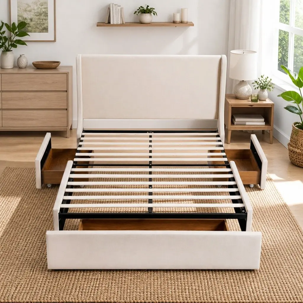 King Bed Frame with Wingback Headboard and 3 Rolling Storage Drawers Metal and Wood Construction