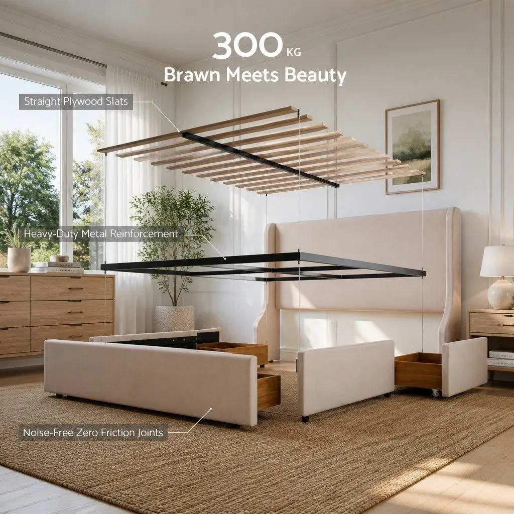 King Bed Frame with Wingback Headboard and 3 Rolling Storage Drawers Metal and Wood Construction