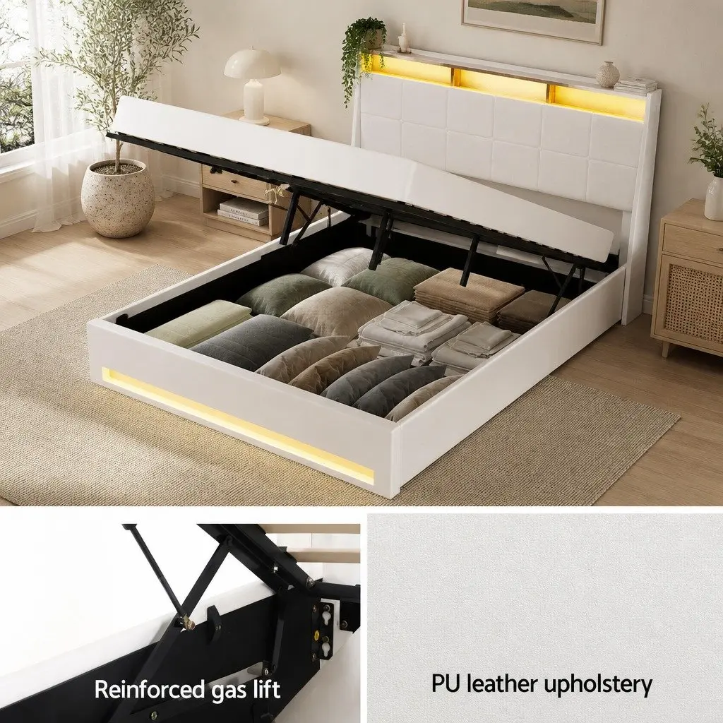 Double Bed Frame Double Size Gas Lift Storage LED Lights Headboard White Platform Base