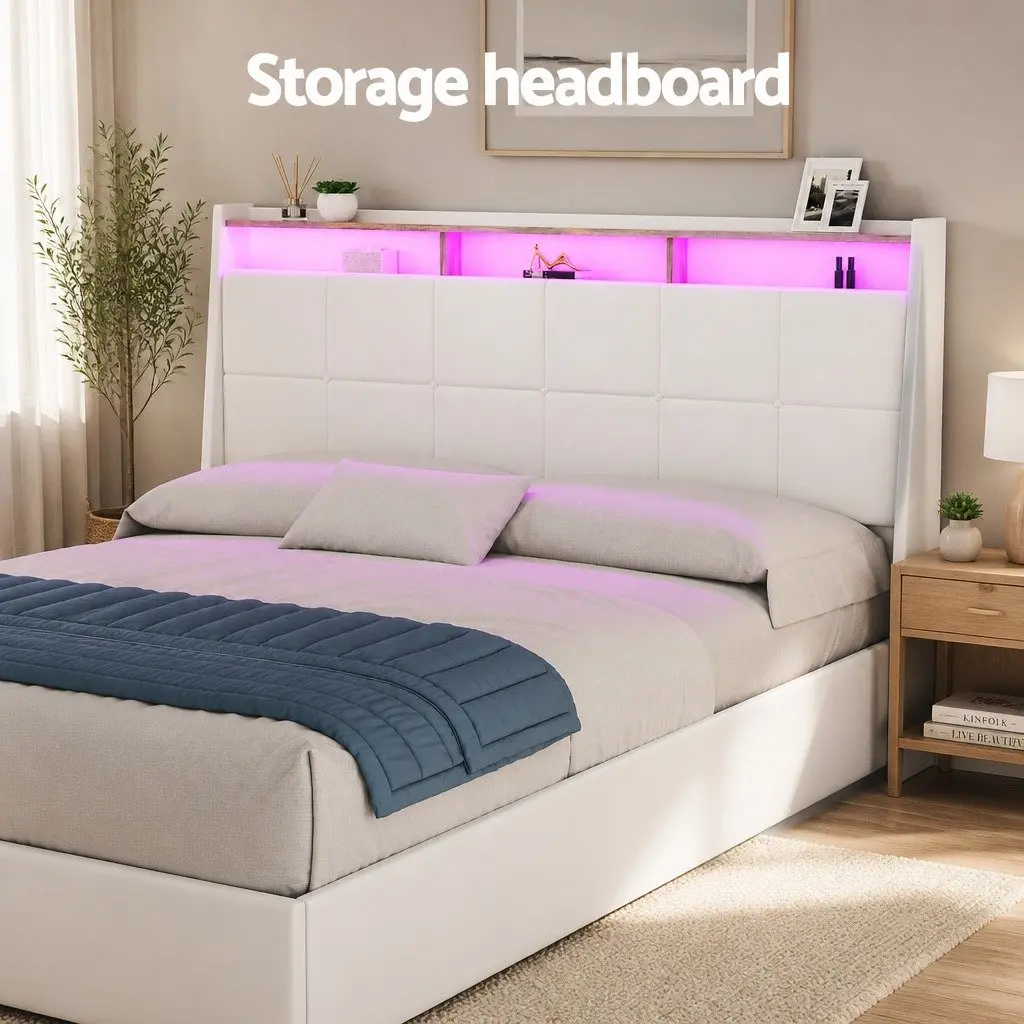 Double Bed Frame Double Size Gas Lift Storage LED Lights Headboard White Platform Base