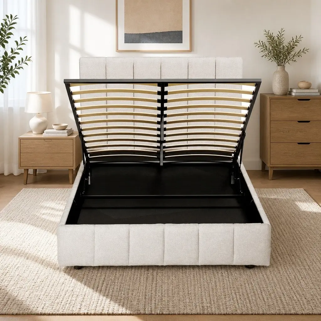 Double Bed Frame Gas Lift Storage Beige Upholstered Linen Wooden Slat Base 202cm x 150cm x 124cm