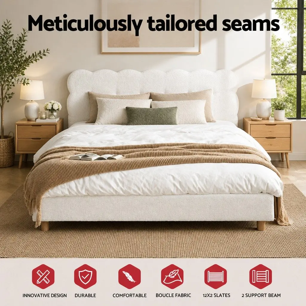 Double Bed Frame Standard Size Cloud Headboard Boucle Upholstery White