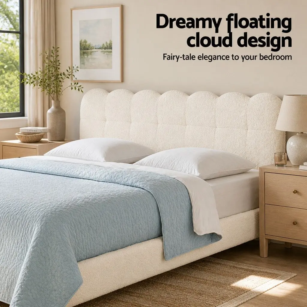 Double Bed Frame Standard Size Cloud Headboard Boucle Upholstery White