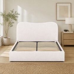 Double Bed Frame Upholstered Boucle Fabric Padded Headboard Wooden Slat Support