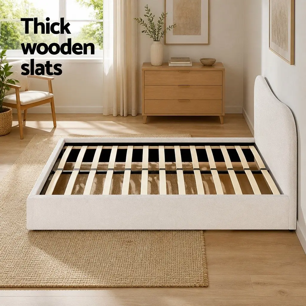 Double Bed Frame Double Size Upholstered Boucle Fabric Padded Headboard Wooden Slat Support