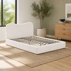 Queen Size Bed Frame Upholstered Boucle Fabric Padded Headboard Wooden Slat