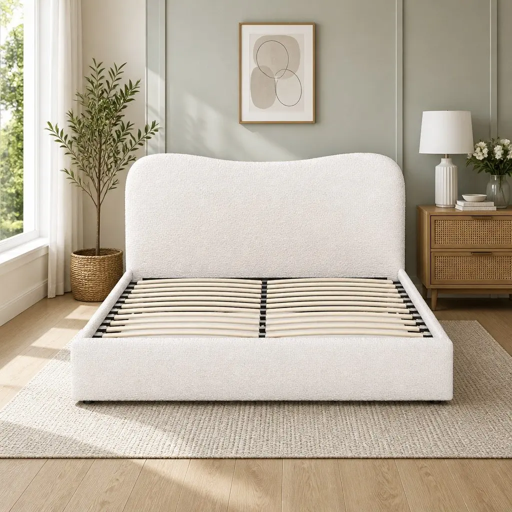 Queen Size Bed Frame Upholstered Boucle Fabric Padded Headboard Wooden Slat Support