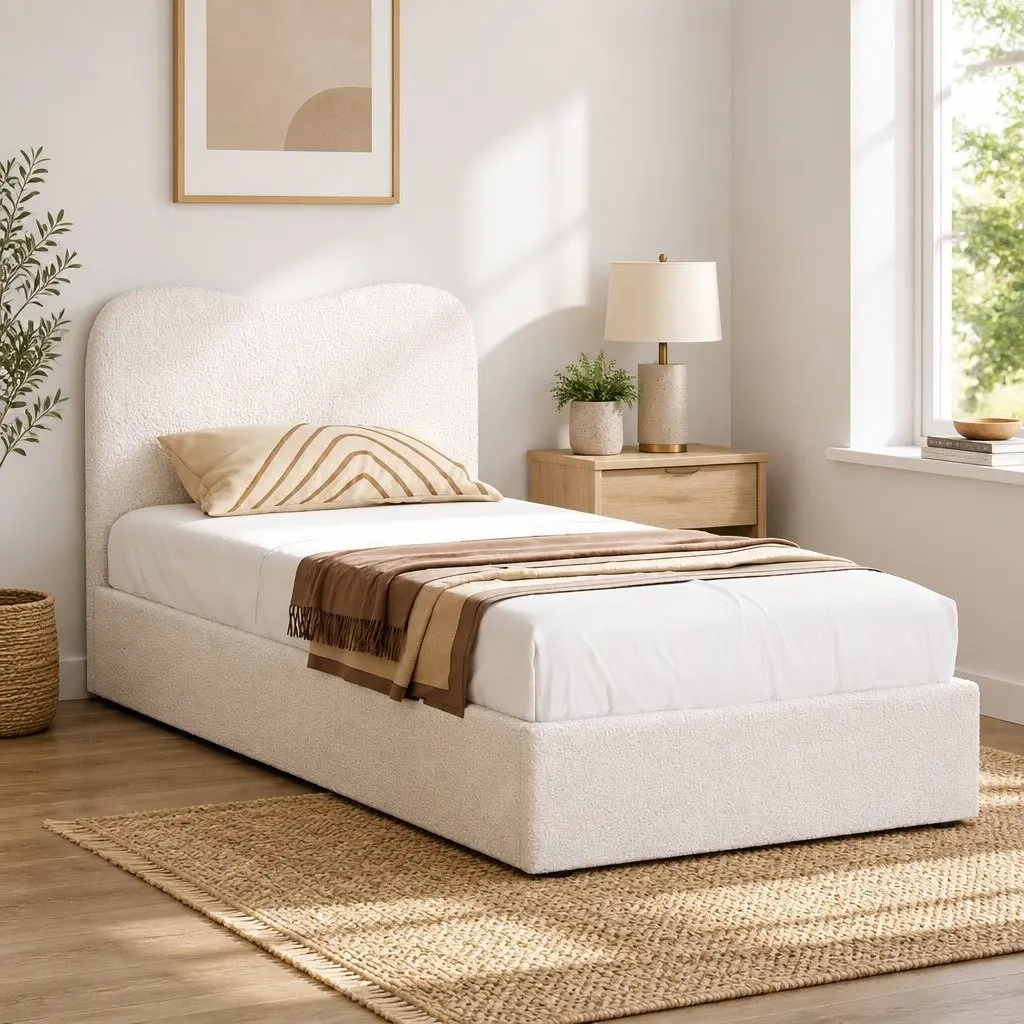 Kids Single Bed Frame Upholstered Boucle Padded Headboard Wooden Slat Support