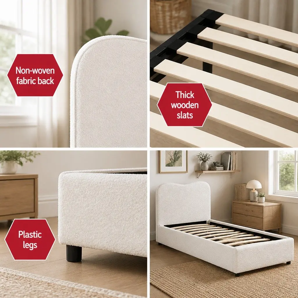 Kids Single Bed Frame Upholstered Boucle Padded Headboard Wooden Slat Support