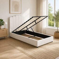 King Single Bed Frame Upholstered Boucle Gas Lift Storage Padded Headboard White