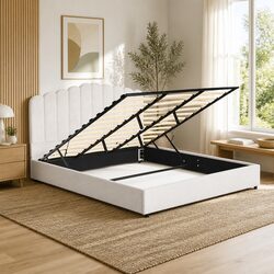 King Size Bed Frame Upholstered Boucle Gas Lift Storage Padded Headboard