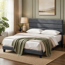 King Bed Frame Upholstered Platform Base Geometric Headboard Charcoal Grey