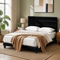 Queen Bed Frame Upholstered Platform Base Geometric Headboard Black Velvet