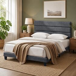 Queen Bed Frame Upholstered Platform Base Geometric Headboard Charcoal Grey
