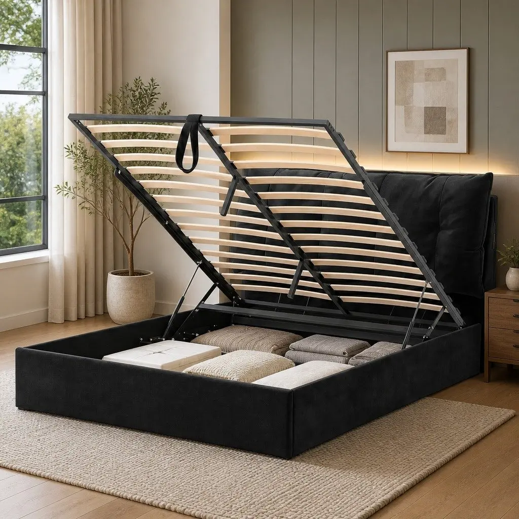 Queen Bed Frame with Gas Lift Storage Upholstered Headboard LED Light USB Charging Station