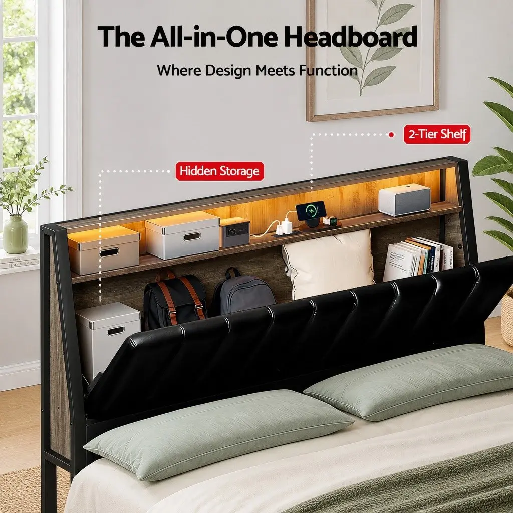 Double Bed Frame 154cm LED Storage Headboard with Charging Ports Black