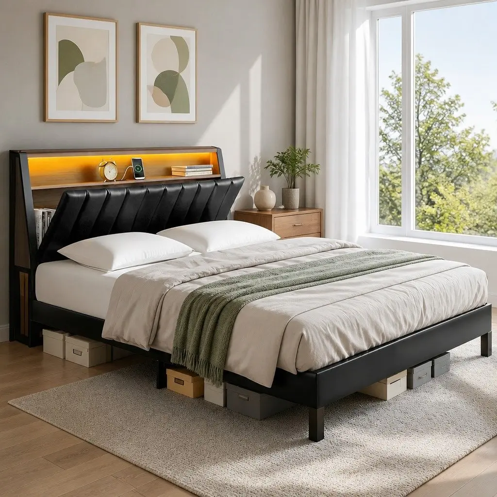 Queen Bed Frame Black Upholstered Headboard LED Lighting Storage Charging Ports
